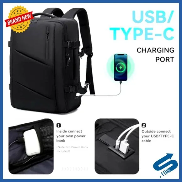 Expandable Travel Backpack USB Charging Port Water Resistant Luggage Weekender